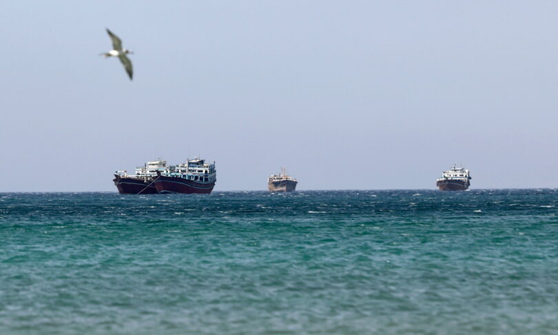 Three large boats sit on the horizon of a teal sea, with a seagull flying in the left foreground above the water.