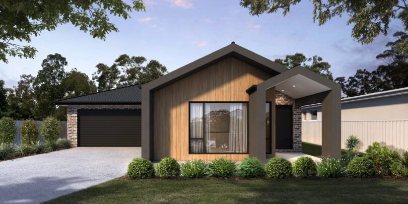 Modern single-story house with wood cladding, brick accents, large front window, and a covered entry amid landscaped greenery.