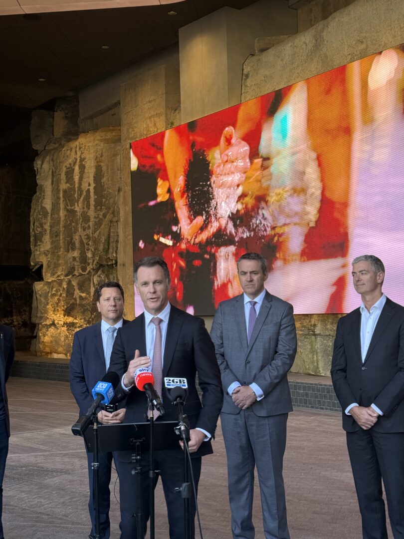 Politician at a podium speaking to press, with reporters' microphones in front and three suited colleagues behind him. Large colorful screen in the background.
