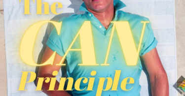 Promotional poster on a beach towel showing a man in a turquoise shirt and rubber-ducky shorts, with large yellow text reading 'The CAN Principle' and spray cans scattered around.