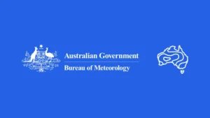 Blue background with the Australian Government Bureau of Meteorology logo: white coat of arms on the left and a white outline map of Australia on the right.