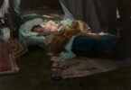 Man sleeping or resting shirtless on a four-poster bed with draped linens in a dim room. Exposed arm and relaxed posture suggest exhaustion or illness.