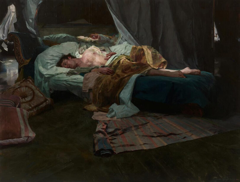 Man sleeping or resting shirtless on a four-poster bed with draped linens in a dim room. Exposed arm and relaxed posture suggest exhaustion or illness.