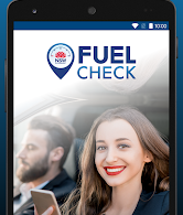 NSW Government FuelCheck app splash screen on phone, showing a smiling woman in a car.