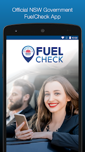 NSW Government FuelCheck app splash screen on phone, showing a smiling woman in a car.