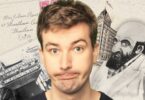 Young man making a goofy face surrounded by vintage collage: handwritten letter, city photo, and a bearded sketch.