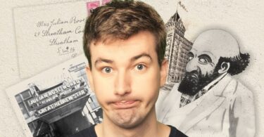 Young man making a goofy face surrounded by vintage collage: handwritten letter, city photo, and a bearded sketch.