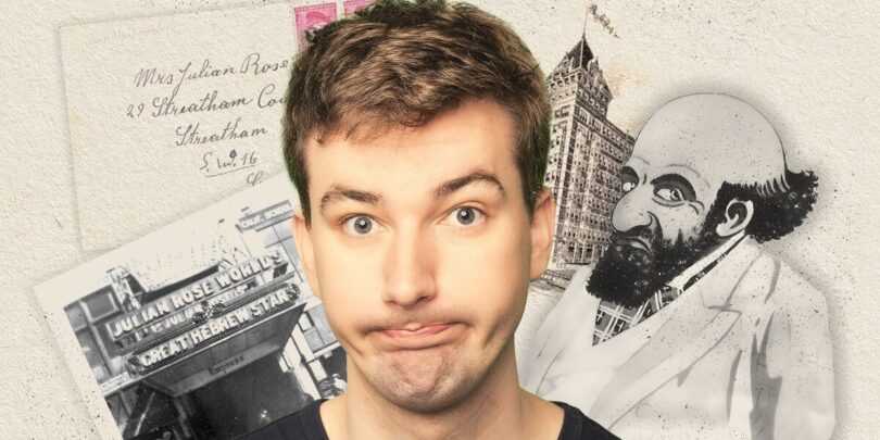 Young man making a goofy face surrounded by vintage collage: handwritten letter, city photo, and a bearded sketch.
